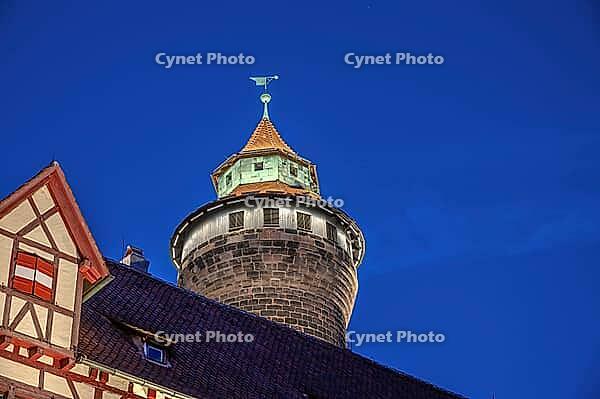 Sinwell Tower built in the 13th century, on the Nuremberg Kaiserburg in the evening lighting, blue evening sky, Mount of Olives, Nuremberg, Middle Franconia, Bavaria, Germany [IBR123774718]