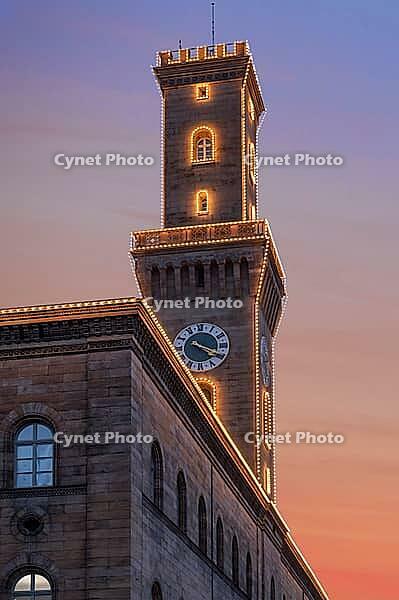 Fürth Town Hall in evening lighting, the tower, is imitated the tower of the Palazzo Vecchio in Florence, evening sky, Fürth, Middle Franconia, Bavaria, Germany [IBR123774719]