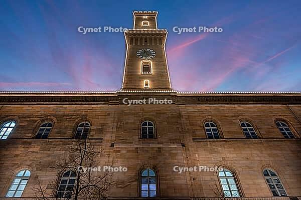 Fürth Town Hall in evening lighting, the tower, is imitated the tower of the Palazzo Vecchio in Florence, evening sky, Fürth, Middle Franconia, Bavaria, Germany [IBR123774720]