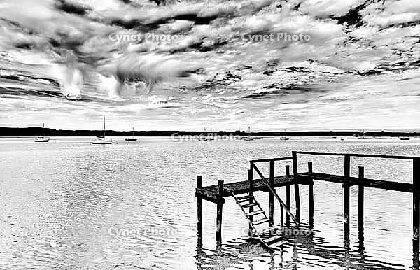 Sailboat, boat dock, Lake Ammer, Voralpensee, tourism, local recreation, vacation, greater Munich area, black and white photo, Upper Bavaria, Bavaria, Germany [IBR123774733]