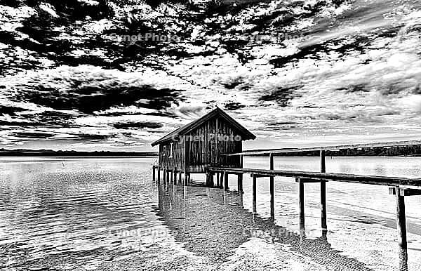 Boat dock, boathouse, Lake Ammer, Voralpensee, tourism, local recreation, vacation, greater Munich area, black and white photo, Upper Bavaria, Bavaria, Germany [IBR123774735]