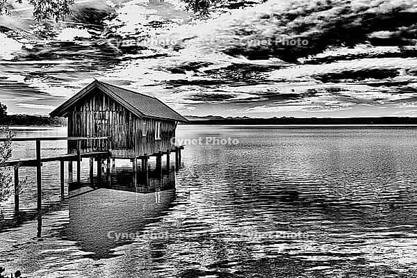 Boat dock, boathouse, Lake Ammer, Voralpensee, tourism, local recreation, vacation, greater Munich area, black and white photo, Upper Bavaria, Bavaria, Germany [IBR123774736]