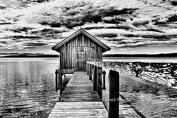 Boat dock, boathouse, Lake Ammer, Voralpensee, tourism, local recreation, vacation, greater Munich area, black and white photo, Upper Bavaria, Bavaria, Germany [IBR123774737]