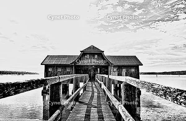 Boat dock, boathouse, Lake Ammer, Voralpensee, tourism, local recreation, vacation, greater Munich area, black and white photo, Upper Bavaria, Bavaria, Germany [IBR123774738]