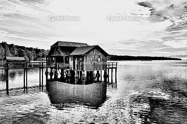 Boat dock, boathouse, Lake Ammer, Voralpensee, tourism, local recreation, vacation, greater Munich area, black and white photo, Upper Bavaria, Bavaria, Germany [IBR123774739]