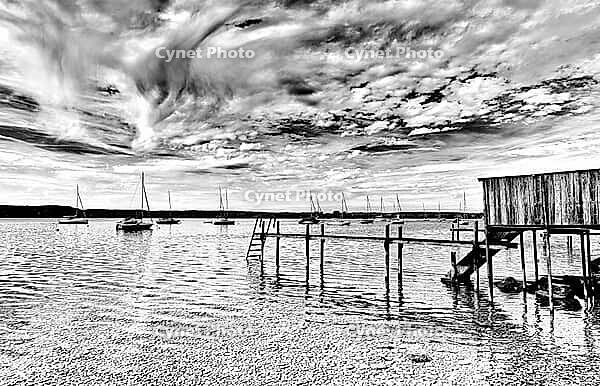 Sailboat, boat dock, Lake Ammer, Voralpensee, tourism, local recreation, vacation, greater Munich area, black and white photo, Upper Bavaria, Bavaria, Germany [IBR123774743]