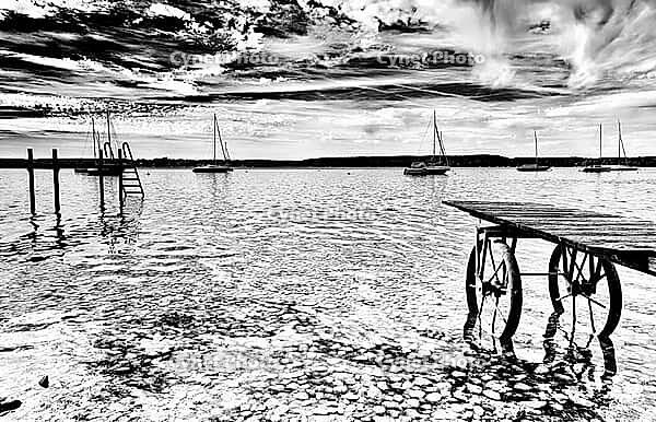 Sailboat, boat dock, Lake Ammer, Voralpensee, tourism, local recreation, vacation, greater Munich area, black and white photo, Upper Bavaria, Bavaria, Germany [IBR123774749]