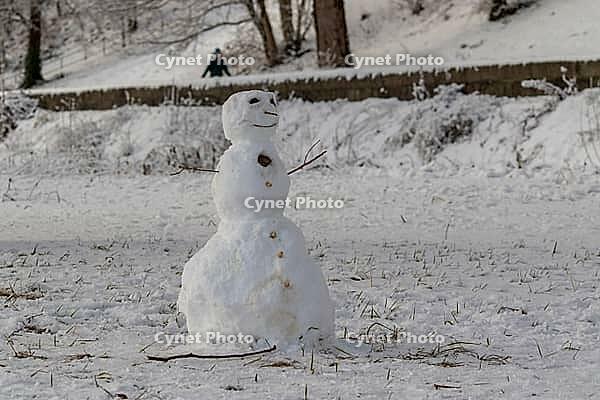Winter symbol, snowman on a hiking trail on the Elbe, Hamburg, Germany [IBR123790049]