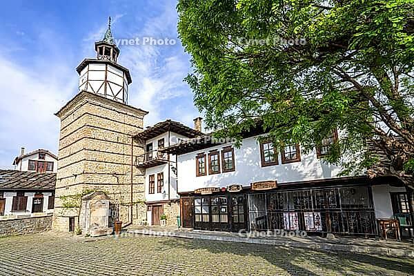 The square and the clock tower in the old town of Tryavna, Bulgaria. Der Platz und der Uhrturm in der Altstadt von Trjawna, Bulgarien [IBR123790577]