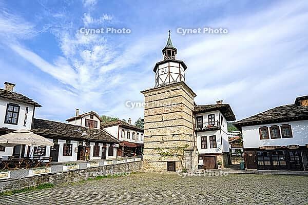 The square and the clock tower in the old town of Tryavna, Bulgaria. Der Platz und der Uhrturm in der Altstadt von Trjawna, Bulgarien [IBR123790578]