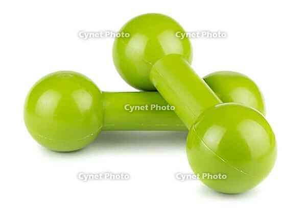 Green dumbbells for fitness isolated on white background [IBR123878829]