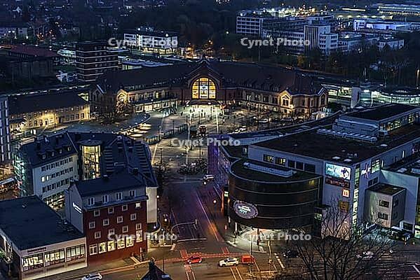 Aerial view of Osnabrück Central Station at blue hour, Lower Saxony, Germany [IBR123893370]