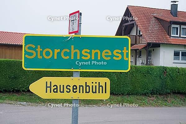 Town signs in Mainhardt Forest, Stork's Nest, Haubühl, Robbers from Mainhardt Forest, Mainhardt, Countryside, Forest, Germany [IBR112941791]