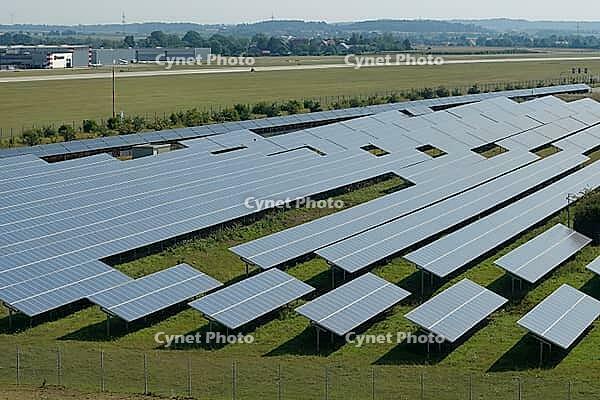 View of photovoltaic systems and the airport in Weckrieden, Adolf Würth Airport, solar energy, solar system, photovoltaic, business airport, renewable energy, Energiewenede, Solpark, Schwäbisch Hall Germany Schwäbisch Hall [IBR112941851]