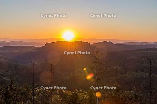 Sunrise at Bernhardstein viewpoint with views of Pfaffenstein and Gohrisch, Saxon Switzerland, Saxony, Germany [IBR123911474]