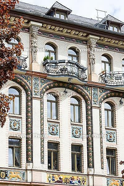 Majolica houses by architect Reinhold Siebert, richly decorated town houses in early Art Nouveau, residential complex, Art Nouveau villas and Wilhelminian era buildings on the Kaßberg, Chemnitz, Saxony, Germany [IBR123911492]