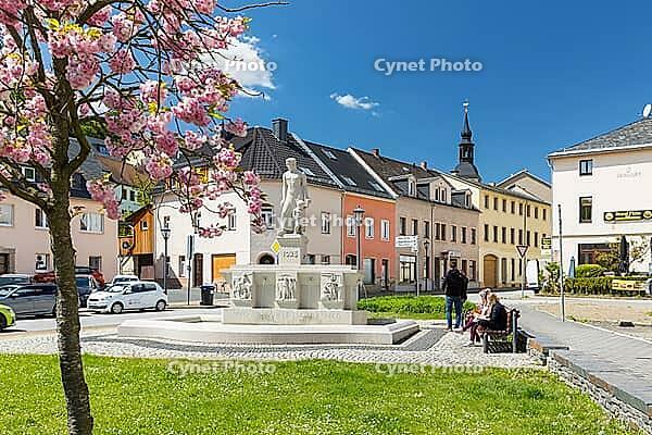 City view with city fountain, Glashütte, Saxony, Germany [IBR123911533]
