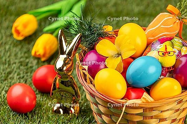 A basket with colorful eggs, flowers and Easter decoration in a meadow [IBR123990986]