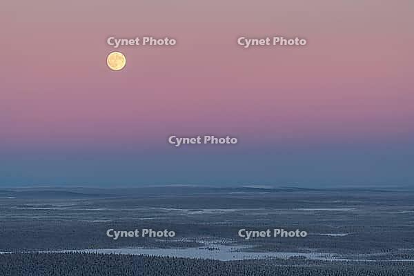Full moon over wide tundra landscape, Muonio, Lapland, Finland, January 2019 [IBR123991025]