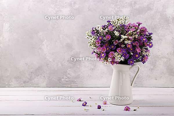 Bouquet of colorful aster flowers in a pitcher on white vintage background with copy space [IBR123999878]