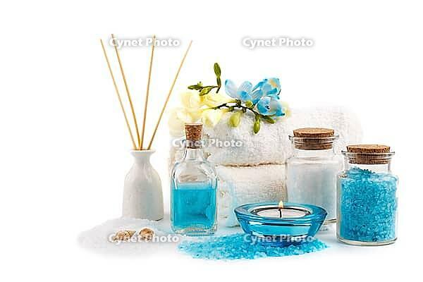 Spa setting, aromatherapy and health care items, isolated on white [IBR123999898]