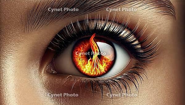 Close up of a woman eye with the iris on fire, AI generated [IBR124036403]