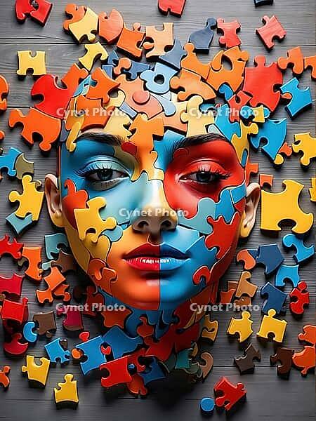A surreal image of a face composed of colorful puzzle pieces against a wooden background, AI generated [IBR124036404]