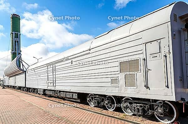 Saint Petersburg, Russia - Septembert 19, 2024: Mobile missle system module Molodets (Scalpel) at the Railway Museum. The intercontinental ballistic missile on the railway launcher [IBR124036427]