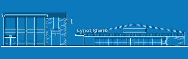 Line drawing illustration of a strip mall or shopping center building viewed from front elevation on blue background [IBR124036436]