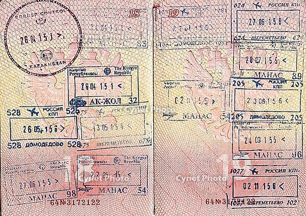 Travel background from Russian passport pages with visa stamps [IBR124036451]