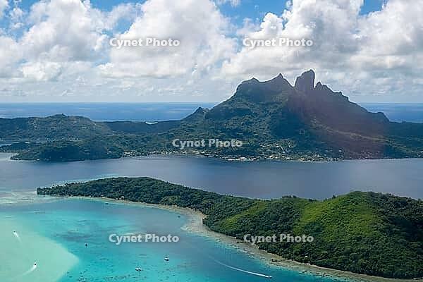 Bora Bora, aerial view, Mont Otemanu volcano, South Pacific, Atoll, French Polynesia, French overseas territory, society islands, tourism, vacation, longing, Leeward Islands, lagoon, sea, sun, ocean, Pacific, Polynesia, South Pacific, reef, tourism, water [IBR124083575]