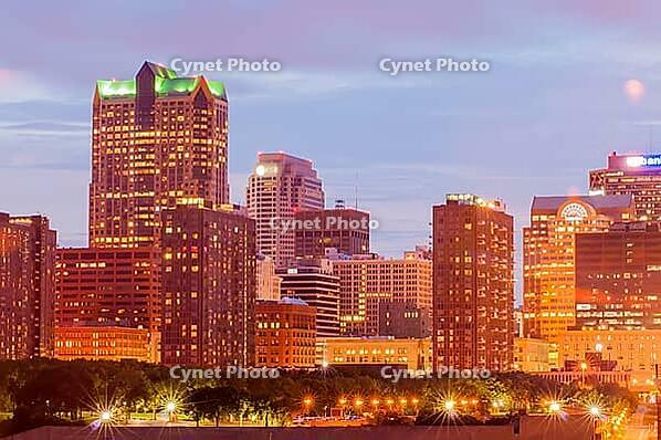 City of St. Louis skyline. Image of St. Louis downtown with Gateway Arch at twilight [IBR124083612]