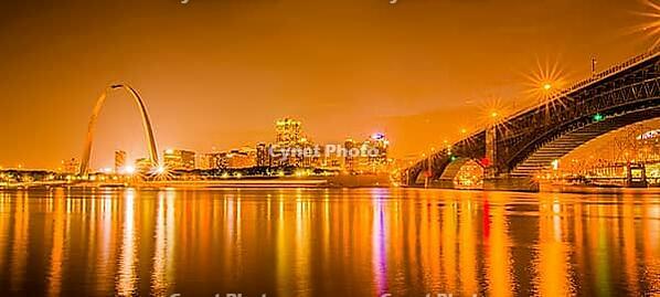 City of St. Louis skyline. Image of St. Louis downtown with Gateway Arch at twilight [IBR124083618]
