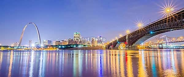 City of St. Louis skyline. Image of St. Louis downtown with Gateway Arch at twilight [IBR124083620]