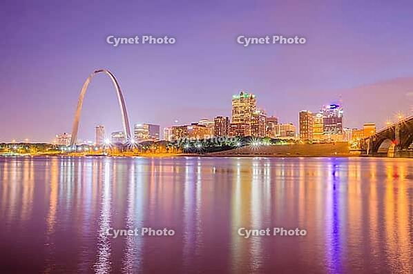 City of St. Louis skyline. Image of St. Louis downtown with Gateway Arch at twilight [IBR124083640]
