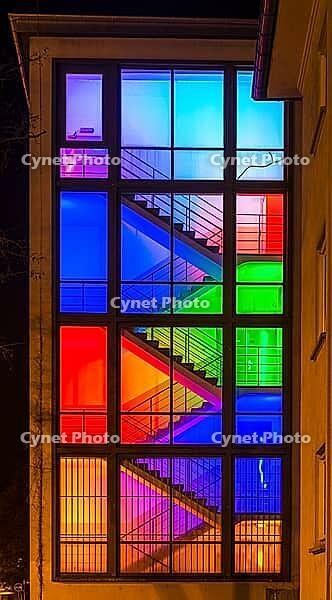 View through the windows of a brightly lit staircase. Frankfurter Mainova AG building, city center, Frankfurt am Main, Hesse, Germany [IBR124084174]