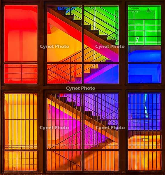 View through the windows of a brightly lit staircase. Frankfurter Mainova AG building, city center, Frankfurt am Main, Hesse, Germany [IBR124084175]