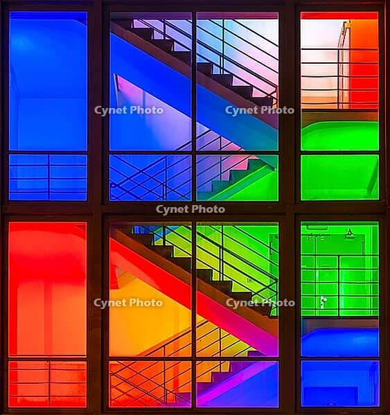 View through the windows of a brightly lit staircase. Frankfurter Mainova AG building, city center, Frankfurt am Main, Hesse, Germany [IBR124084176]