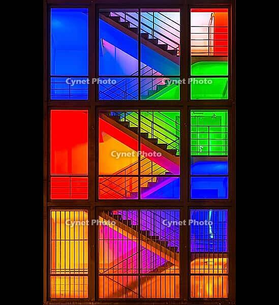 View through the windows of a brightly lit staircase. Frankfurter Mainova AG building, city center, Frankfurt am Main, Hesse, Germany [IBR124084177]