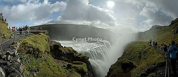Tourists at Gullfoss waterfall, panoramic picture, Iceland [IBR124192726]