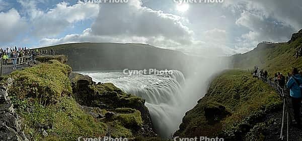 Tourists at Gullfoss waterfall, panoramic picture, Iceland [IBR124192738]