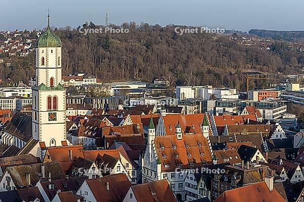 Panorama of the roofs of the old town of Biberach from the top of the Gigelberg Tower with the dominant tower of the parish church of St. Martin and the palatial town hall building, Biberach an der Riß, Upper Swabia, Baden-Württemberg, Germany [IBR124200503]