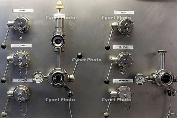 Valves with grey stainless steel gate valves in a brewery in Berg, Baden-Württemberg, Germany [IBR124200506]