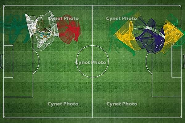 Mexico vs Brazil Soccer Match, national colors, national flags, soccer field, football game, Competition concept, Copy space [IBR124240886]