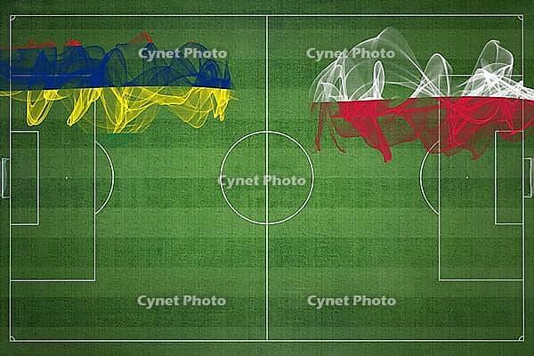 Mauritius vs Poland Soccer Match, national colors, national flags, soccer field, football game, Competition concept, Copy space [IBR124240888]