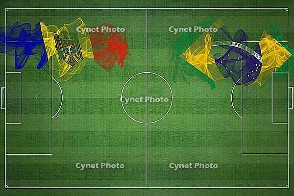 Moldova vs Brazil Soccer Match, national colors, national flags, soccer field, football game, Competition concept, Copy space [IBR124240892]