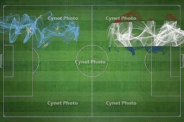 Micronesia vs Netherlands Soccer Match, national colors, national flags, soccer field, football game, Competition concept, Copy space [IBR124240893]