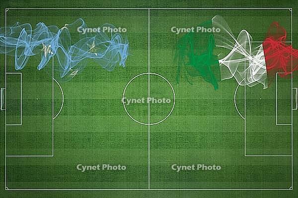 Micronesia vs Italy Soccer Match, national colors, national flags, soccer field, football game, Competition concept, Copy space [IBR124240894]