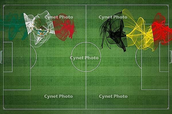 Mexico vs Belgium Soccer Match, national colors, national flags, soccer field, football game, Competition concept, Copy space [IBR124240896]