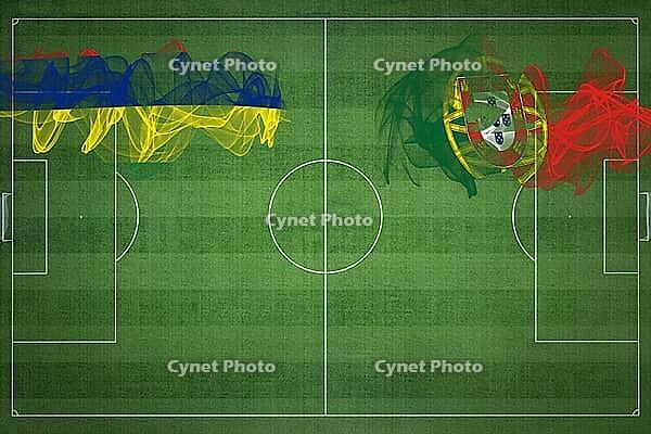 Mauritius vs Portugal Soccer Match, national colors, national flags, soccer field, football game, Competition concept, Copy space [IBR124240897]